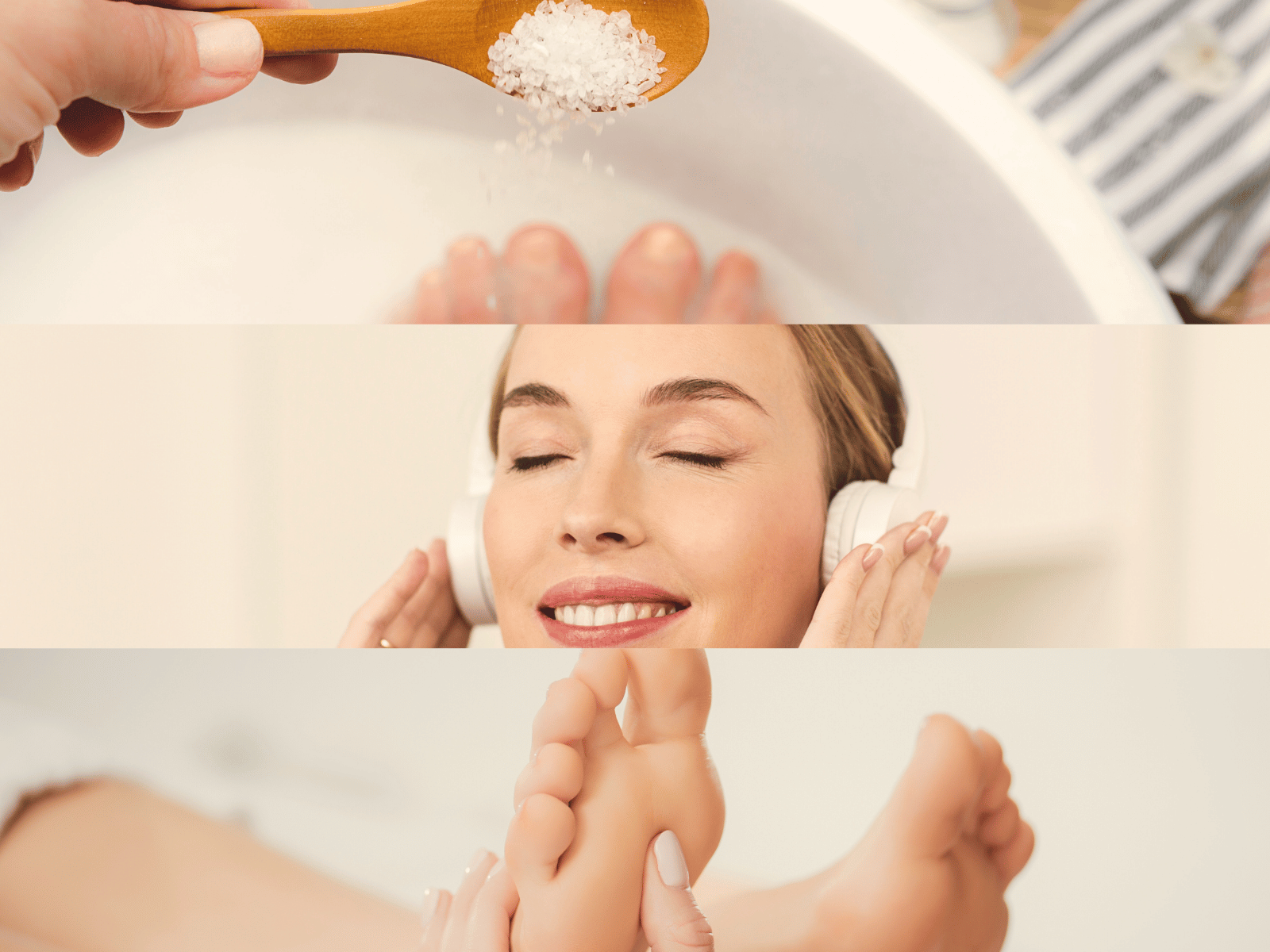 bain de pied, femme écoutant avec un casque et réflexologie